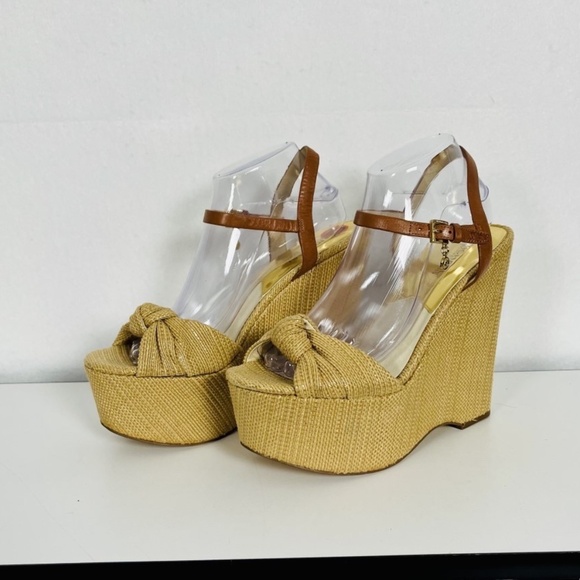 Michael Kors size 10 Benji Denim Platform Wedge Sandals Natural Color Boho - Picture 1 of 12